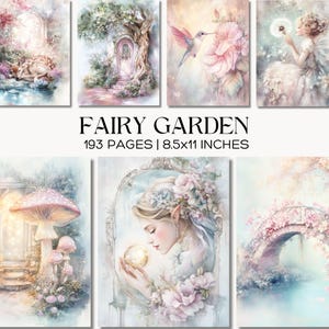 Op de afbeelding: Een verzameling kunstprints met een feeëntuin thema. De prints tonen aquarel illustraties van feeën, bloemen en grillige scènes. De tekst "FAIRY GARDEN" wordt weergegeven, samen met "193 PAGES | 21,6x27,9 cm".