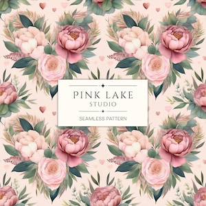 Modèle sans couture de pivoine et de rose en forme de coeur d'amour, papier numérique floral romantique, fond de fleur vintage pour le scrapbooking, fabrication de cartes