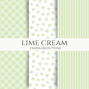 Ensemble de papier numérique crème citron vert, motifs sans couture vert pastel, rayures, carreaux et fleurs, arrière-plans de scrapbooking, jolis motifs printaniers