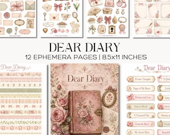 Dear Diary Floral Junk Journal Kit, Shabby Chic Scrapbook Pages, Romantic Stationery, Printable Ephemera