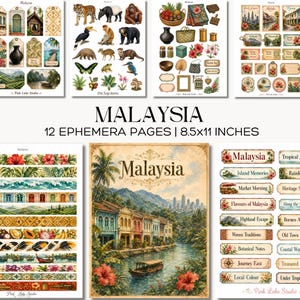 Può includere: Una collezione di 12 pagine di effimera intitolate Malaysia, che misurano 21,6x27,9 cm. Le pagine presentano illustrazioni della fauna malese, flora tropicale, architettura tradizionale, paesaggi ed etichette decorative con testo come Malaysia e Island Memories.