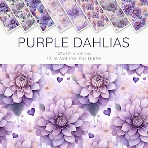Papier numérique aquarelle fleurs dahlia violettes, motifs sans couture pour scrapbooking, journal indésirable, créations de papier, travaux manuels numériques, cartes à faire soi-même