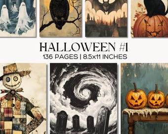 Halloween Junk Journal Pages, Spooky Ephemera, Scrapbook Paper, Pumpkins, Bats, Black Cats, Vintage Inspired
