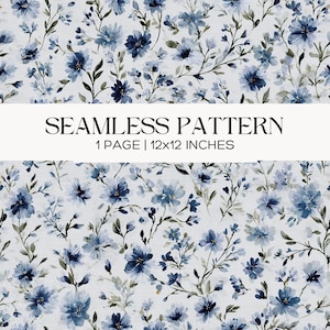 Blue Floral Watercolor Seamless Pattern, Soft Green Foliage, Botanical Garden Flower Fabric Print