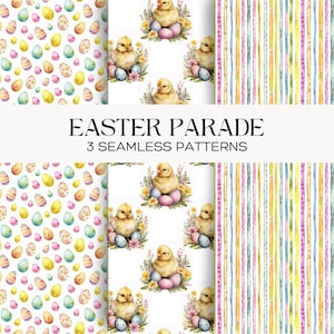 Easter Parade Seamless Patterns, Pastel Stripes, Chicks and Eggs (Digital Download)