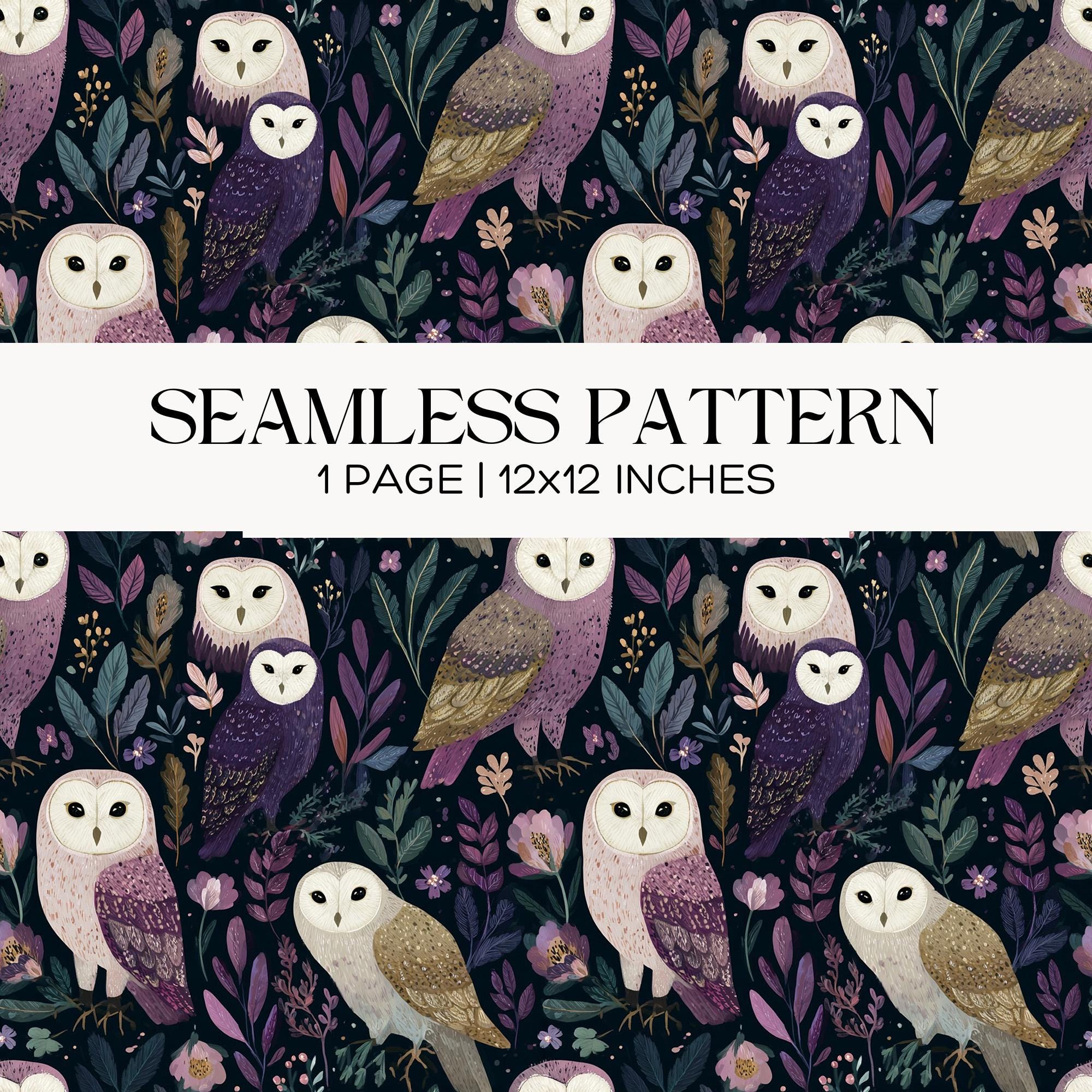 Owl Seamless Pattern, Dark Floral Woodland Fabric Wallpaper, Whimsical Bird Digital Paper