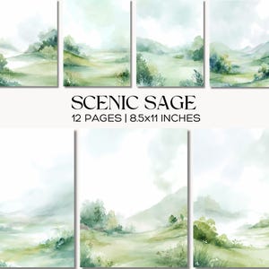 May include: A set of 12 pages with watercolour landscape art in green and sage tones. The art shows rolling hills, trees, and a soft, cloudy sky. The text reads "SCENIC SAGE" and "8.5x11 INCHES" (approximately 21.6 x 27.9 cm).
