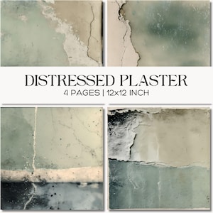 May include: Four square images with a distressed plaster effect. The plaster has a textured, aged appearance with a mix of light green, white, and dark gray tones. The text "DISTRESSED PLASTER" and "4 PAGES | 12x12 INCH" is displayed.