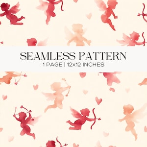 Watercolor Cupid Seamless Pattern, Valentine's Day Cherub Repeat Scrapbook Printable Backgrounds, Digital Paper