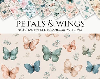 Set vlinderpatronen, botanische bloemen, cottagecore-stofprint, digitale papierset lentepastelkleur