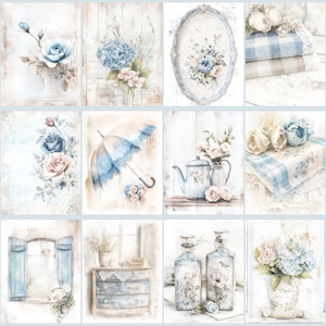 Blue Shabby Chic Junk Journal Kit, Vintage Floral Scrapbook Paper, French Country Ephemera image 4