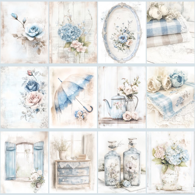 Blue Shabby Chic Junk Journal Kit, Vintage Floral Scrapbook Paper, French Country Ephemera image 4
