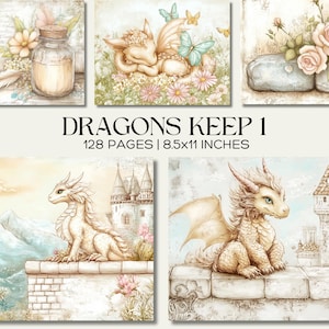 ドラゴンズキープジャンクジャーナルページ、中世ファンタジーデジタルペーパーキット、パステルドラゴン印刷用紙、城スクラップブックエフェメラセット
