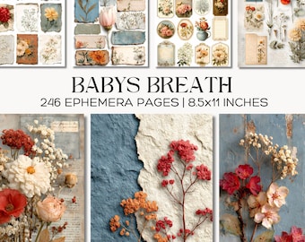 Baby’s Breath Ephemera Kit, Vintage Blommiga Junk Journal-papper, Fussy Cuts-etiketter, Collageark