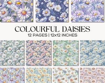 Watercolor Daisy Floral Patterns, Digital Scrapbook Paper Pack, Colourful Flower Printable Backgrounds