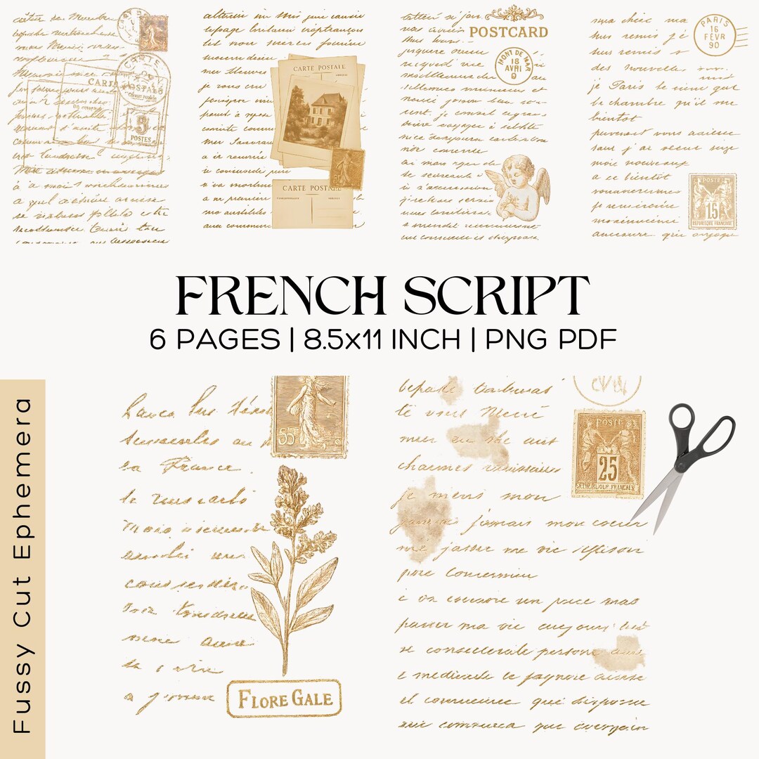 French Script Ephemera Transparent PNG Overlays, Calligraphy Pages ...