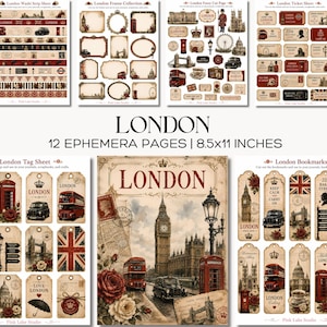 Könnte beinhalten: Eine Sammlung von 12 London-Themen-Ephemera-Seiten im Format 21,6x27,9 cm mit Washi-Streifen, Rahmen, Ausschneidebögen, Tickets, Anhängern, Lesezeichen und einem zentralen Poster mit Big Ben, roten Bussen und Rosen im Vintage-Stil.