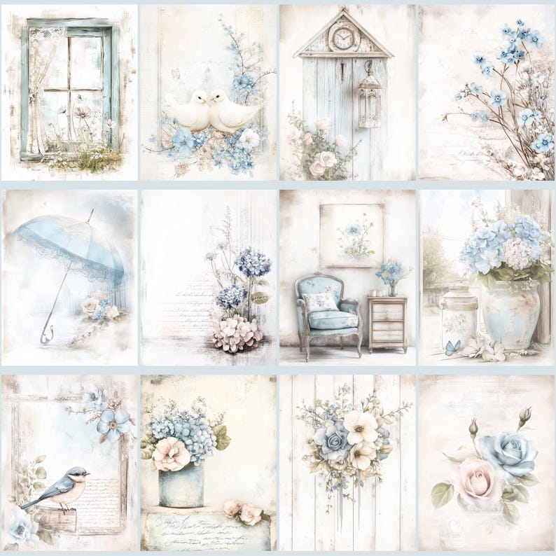 May include: A collection of twelve vintage-style art prints. Each print features soft pastel colors, primarily blues, pinks, and creams. The images depict floral arrangements, birds, architectural elements, and romantic scenes, creating a cohesive, delicate aesthetic.