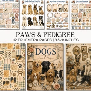 Peut inclure: Un ensemble de 12 pages d'éphémères intitulées Paws & Pedigree, mesurant 21,6x27,9 cm. Le lot comprend diverses découpes sur le thème des chiens, incluant des illustrations de races, des empreintes de pattes, des os, des cadres et des étiquettes.