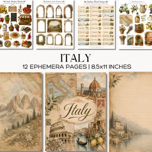 Peut inclure: Pages d'éphémères sur le thème de l'Italie, avec des motifs de marché, des cadres en arc et des bandes de mots. Le mot "ITALY" est mis en évidence, ainsi que "12 EPHEMERA PAGES | 8.5x11 INCHES". Les pages mesurent environ 21,6 x 28 cm.