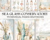 Sea Glass Junk Journal Pages Printable Coastal Botanical Ephemera with Shells and Vintage Bottles