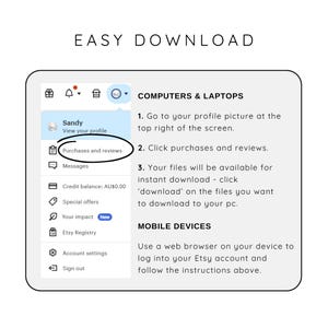 Op de afbeelding: Een instructieve afbeelding met de titel EASY DOWNLOAD toont een screenshot van een Etsy-accountmenu waarbij de tekst Purchases and reviews zwart is omcirkeld. Het bevat genummerde stappen voor computers, laptops en mobiele apparaten.