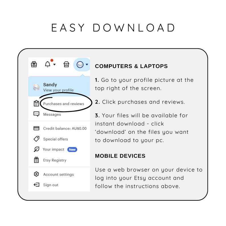 Op de afbeelding: Een instructieve afbeelding met de titel EASY DOWNLOAD toont een screenshot van een Etsy-accountmenu waarbij de tekst Purchases and reviews zwart is omcirkeld. Het bevat genummerde stappen voor computers, laptops en mobiele apparaten.