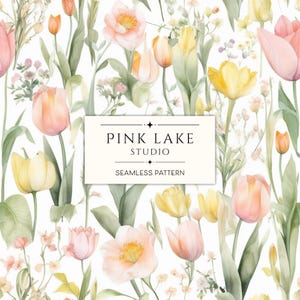 Padrão de tulipa em aquarela sem emendas, papel digital floral de primavera em tons pastéis, fundo botânico suave, impressão cottagecore, download instantâneo