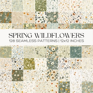 Spring Fresh Wildflowers Seamless Patterns, Sage Green Yellow Floral Digital Paper for Scrapbooking Crafts