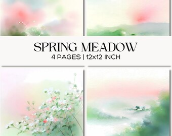 Aquarel achtergronden lenteweide, zachtroze lucht en frisgroen landschap gewassen, dromerig pastel natuurpapier