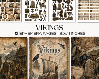 Vikings skräpjournalkit nordiska efemerasidor med långskepp, korpar, runor och utskrivbara etiketter
