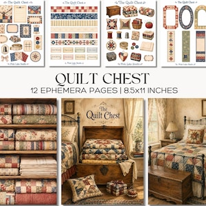 Może przedstawiać: Cyfrowa kolekcja zatytułowana The Quilt Chest zawierająca 12 stron efemerycznych o wymiarach 21,6x27,9 cm. Zestaw zawiera ilustracje bloków pikowanych, przyborów do szycia, pasków tkanin oraz scen sypialnianych z drewnianymi skrzyniami i narzutami.