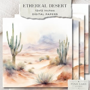 Ensemble de papier numérique éthéré désert, 4 arrière-plans aquarelle cactus et paysage pour scrapbooking, journaux, travaux manuels bohèmes, téléchargement immédiat