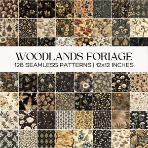 May include: A collection of 128 seamless patterns with woodland-themed designs. The patterns feature various botanical elements, including mushrooms, leaves, and flowers, in a palette of dark and earthy tones. Each pattern is 12x12 inches.
