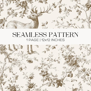 Vintage Deer Toile Seamless Pattern, Cottagecore Woodland Floral Background, French Country Sepia Fabric Design