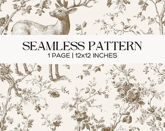 Vintage Deer Toile Seamless Pattern, Cottagecore Woodland Floral Background, French Country Sepia Fabric Design