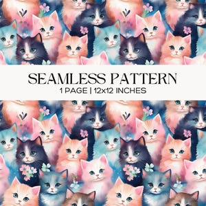 Naadloos patroon aquarel kittens, pastel huisdierstofontwerp, plakboek, papercraft, rommeldagboek
