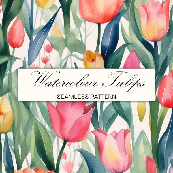 Tulips Seamless Pattern Digital Scrapbooking Paper, Watercolour Tulips, Floral Fabric Design, Commercial Use Watercolour Tulip Pattern Print