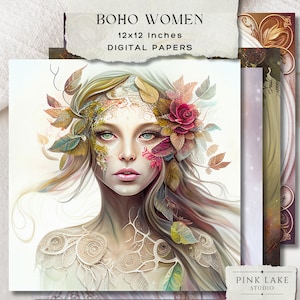Pacchetto di artigianato digitale con donne boho, bellissimi sfondi con donne boho, creazioni con carta per scrapbooking, collage, stampe per diario di scarto