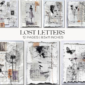 Puede incluir: Una colección de 12 páginas de arte mixto, titulada "Lost Letters". Cada pieza presenta un collage de efímeras vintage, escritura manuscrita e ilustraciones delicadas. Las páginas miden 8.5x11 pulgadas (aproximadamente 21.6 x 27.9 cm), mostrando una variedad de estilos y temas artísticos.