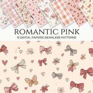 Può includere: Una collezione di 12 carte digitali con motivi senza cuciture in tonalità rosa. I disegni includono fiocchi, cuori, motivi floreali e quadretti. Il testo "ROMANTIC PINK" è visualizzato sopra i motivi.