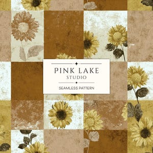 May include: A seamless pattern featuring a grid of squares in shades of brown, beige, and yellow. The design incorporates detailed illustrations of sunflowers. The text "PINK LAKE STUDIO" and "SEAMLESS PATTERN" is displayed on a white rectangle.