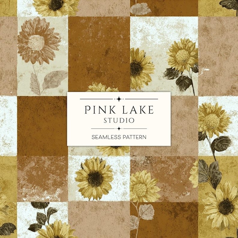 K&ouml;nnte beinhalten: Ein nahtloses Muster mit einem Raster aus braunen, beigen und gelben Quadraten. Das Design beinhaltet detaillierte Illustrationen von Sonnenblumen. Der Text "PINK LAKE STUDIO" und "SEAMLESS PATTERN" wird auf einem wei&szlig;en Rechteck angezeigt.