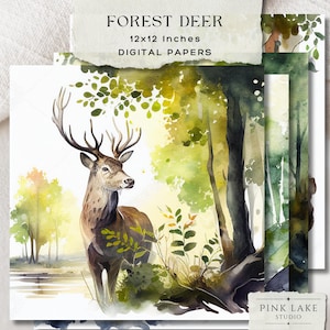 Oeuvre d'art aquarelle de cerf majestueux, impression d'art de la faune de la forêt, décoration murale rustique boisée, pages de scrapbooking en téléchargement numérique inspirées de la nature