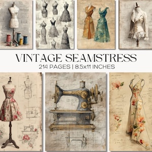 May include: A collection of vintage-style art prints featuring dress forms, dresses, sewing machines, and spools of thread. The prints have a distressed, aged look with handwritten notes and floral accents. The text "VINTAGE SEAMSTRESS" is displayed, along with "214 PAGES | 8.5x11 INCHES".
