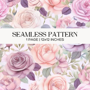 Watercolor Roses Seamless Pattern, Pink & Purple Floral Fabric Design, Cottagecore Flowers Scrapbook Digital Paper Repeating Tile