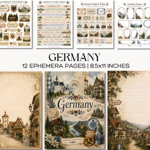 May include: A collection of 12 ephemera pages with a Germany theme. The pages include word strips, labels, tickets, frames, and decorative elements. The pages are 8.5x11 inches and feature illustrations of German landmarks and cultural symbols.