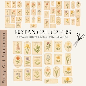 Afdrukbare set botanische ephemera, vintage bloemenkaarten, antieke botanische labels, junk Journal Kit, tuin clipart, png Mixed media downloaden