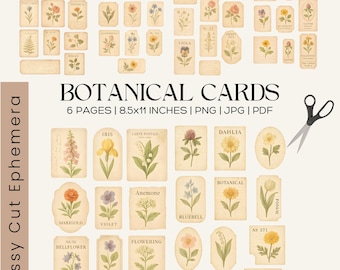 Vintage Botanical Ephemera, Floral Cards, Junk Journal Kit (PNG Download)