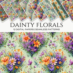 Conjunto de delicados patrones florales sin costuras: 12 papeles digitales con flores silvestres de inspiración vintage: diseños botánicos románticos para manualidades y álbumes de recortes